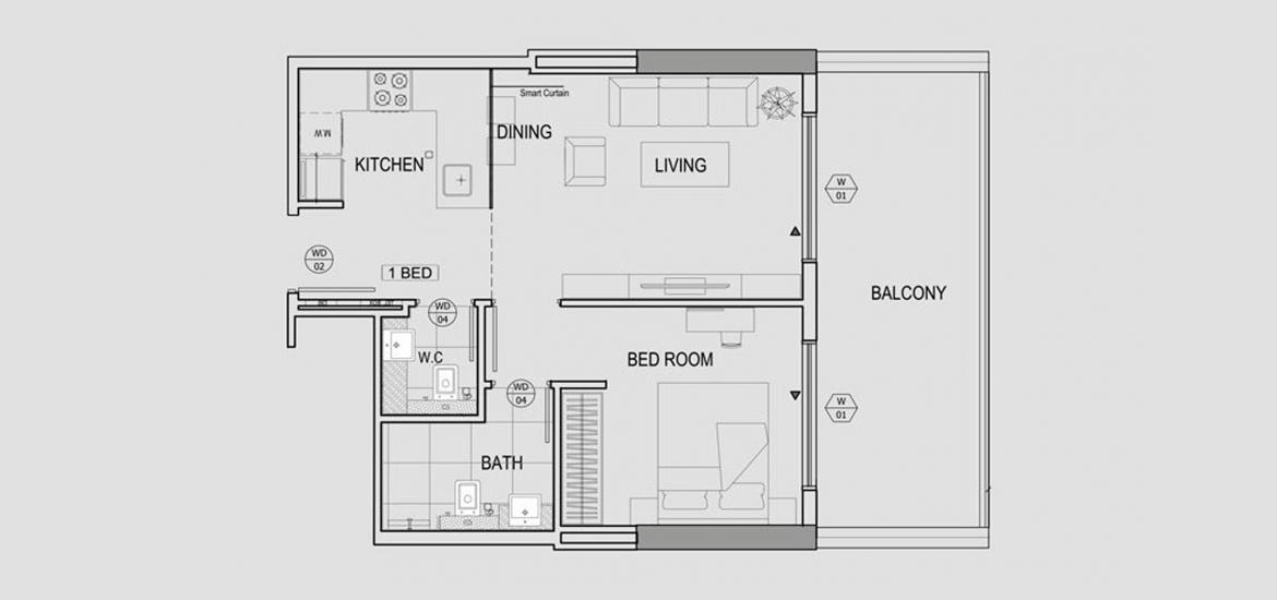 Plan d'étage de l'appartement «1BR», 1 chambre à coucher à BINGHATTI CANAL