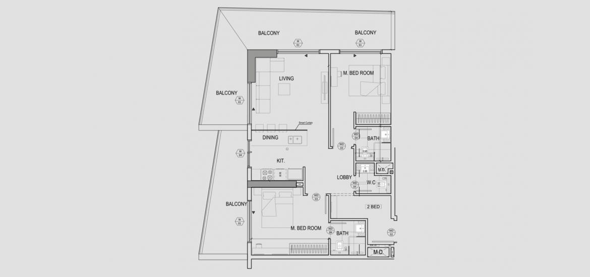 Планировка апартаментов «2BR» 2 спальни в ЖК BINGHATTI CANAL