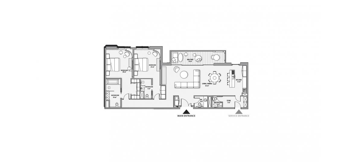 Планировка апартаментов «2BD 172SQM» 2 спальни в ЖК NIKKI BEACH RESIDENCES