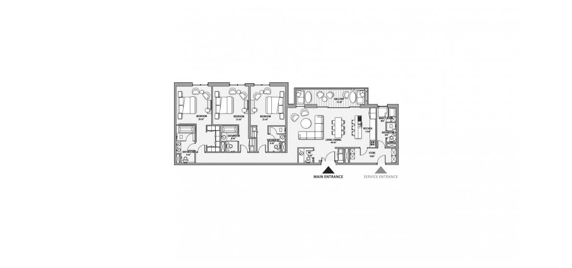Планировка апартаментов «3BD 209SQM» 3 спальни в ЖК NIKKI BEACH RESIDENCES