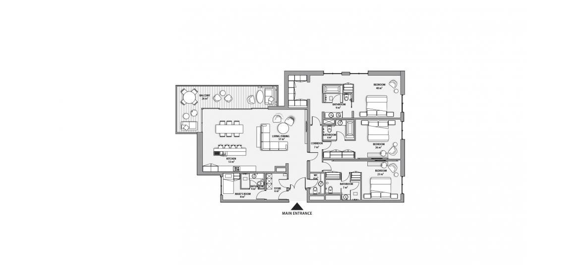 Планировка апартаментов «3BD 233SQM» 3 спальни в ЖК NIKKI BEACH RESIDENCES