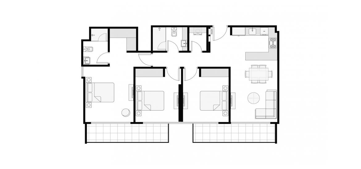 Планировка апартаментов «117 SQ.M. 3BR TYPE 1» 4 комнаты в ЖК AZIZI AMBER